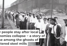 Steelworkers line up for their paychecks at U.S. Steel’s South Works in Chicago in 1959. Bettman Collection via Getty Images